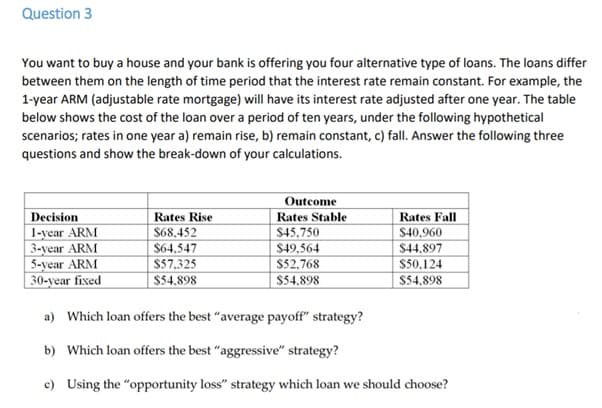 Question 3
You want to buy a house and your bank is offering you four alternative type of loans. The loans differ
between them on the length of time period that the interest rate remain constant. For example, the
1-year ARM (adjustable rate mortgage) will have its interest rate adjusted after one year. The table
below shows the cost of the loan over a period of ten years, under the following hypothetical
scenarios; rates in one year a) remain rise, b) remain constant, c) fall. Answer the following three
questions and show the break-down of your calculations.
Outcome
Rates Rise
Rates Stable
$45,750
$49,564
Decision
1-year ARM
3-year ARM
5-year ARM
30-year fixed
Rates Fall
$40,960
$44,897
$50.124
$54.898
$68,452
$64,547
$57,325
$54.898
$52,768
$54,898
a) Which loan offers the best "average payoff" strategy?
b) Which loan offers the best "aggressive" strategy?
c) Using the "opportunity loss" strategy which loan we should choose?
