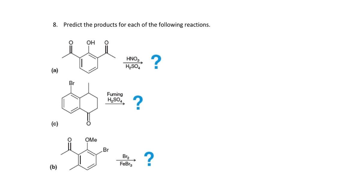 8. Predict the products for each of the following reactions.
OH
(a)
Br
Fuming
H2SO4
(c)
(b)
HNO3
H₂SO4
?
?
OMe
Br
Br₂
FeBr3
?