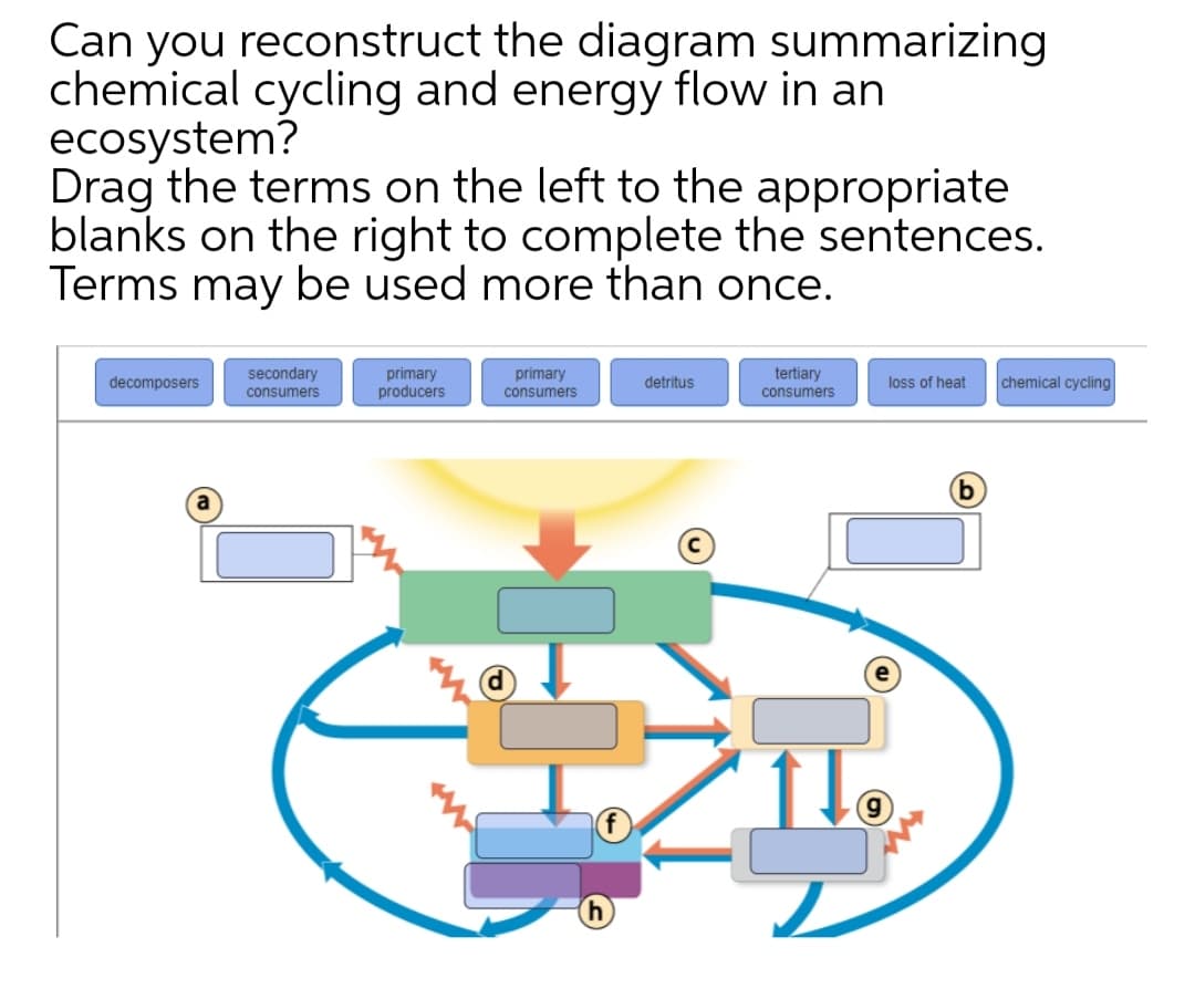Can you reconstruct the diagram summarizing
chemical cycling and energy flow in an
ecosystem?
Drag the terms on the left to the appropriate
blanks on the right to complete the sentences.
Terms may be used more than once.
secondary
primary
producers
primary
tertiary
consumers
chemical cycling
decomposers
detritus
loss of heat
consumers
consumers
N
