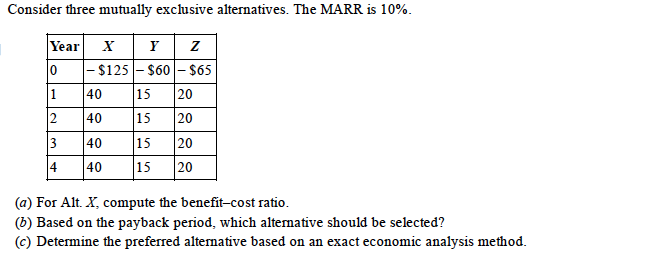 Consider three mutually exclusive alternatives. The MARR is 10%.
x Y z
|- $125 - $60 - $65
20
15
Year
10
1
40
15
2
40
20
3
40
15
20
4
40
15
20
(a) For Alt. X, compute the benefit-cost ratio.
(b) Based on the payback period, which alternative should be selected?
(c) Determine the preferred altemative based on an exact economic analysis method.
