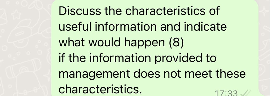 Discuss the characteristics of
useful information and indicate
what would happen (8)
if the information provided to
management does not meet these
characteristics.
17:33 //
