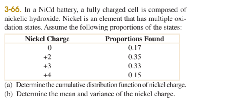 3-66. In a NiCd battery, a fully charged cell is composed of
nickelic hydroxide. Nickel is an element that has multiple oxi-
dation states. Assume the following proportions of the states:
Nickel Charge
Proportions Found
0.17
+2
0.35
+3
0.33
+4
0.15
(a) Determine the cumulative distribution function of nickel charge.
(b) Determine the mean and variance of the nickel charge.
