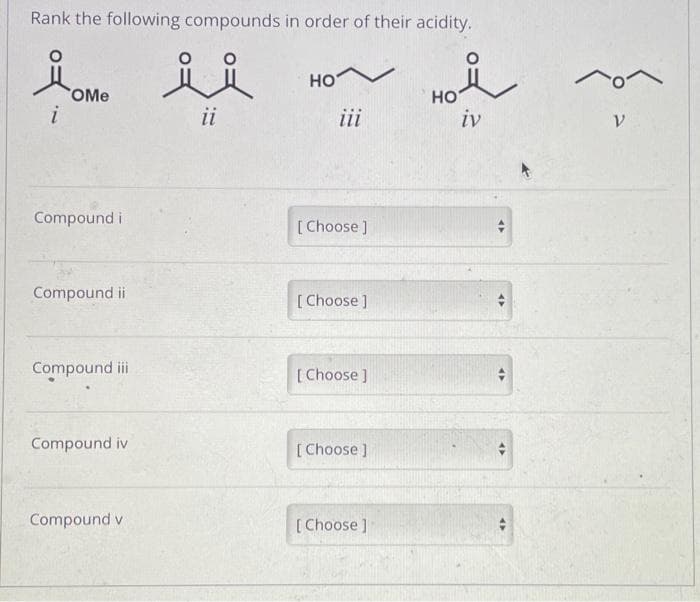 Rank the following compounds in order of their acidity.
Å
i
OMe
Compound i
Compound ii
Compound iii
Compound iv
Compound v
شد
ii
НО
iii
[Choose ]
[Choose ]
[Choose ]
[Choose ]
[Choose ]
ů
iv
HO
+
V
