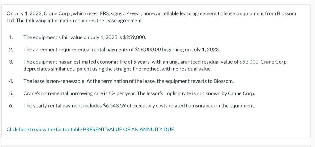On July 1, 2023, Crane Corp., which uses IFRS, signs a 4-year, non-cancellable lease agreement to lease a equipment from Blossom
Ltd. The following information concerns the lease agreement.
1. The equipment's fair value on July 1, 2023 is $259,000.
نه
3.
The agreement requires equal rental payments of $58,000.00 beginning on July 1, 2023.
The equipment has an estimated economic life of 5 years, with an unguaranteed residual value of $93,000. Crane Corp.
depreciates similar equipment using the straight-line method, with no residual value.
4.
The lease is non-renewable. At the termination of the lease, the equipment reverts to Blossom.
5.
6.
Crane's incremental borrowing rate is 6% per year. The lessor's implicit rate is not known by Crane Corp.
The yearly rental payment includes $6,543.59 of executory costs related to insurance on the equipment.
Click here to view the factor table PRESENT VALUE OF AN ANNUITY DUE.