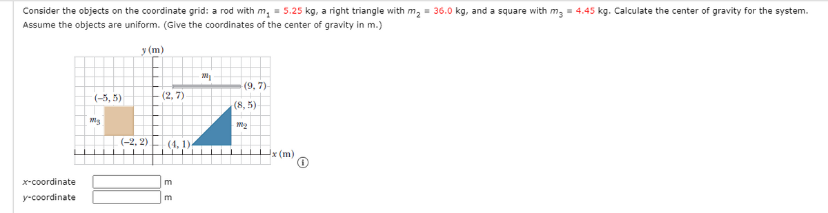 Consider the objects on the coordinate grid: a rod with m, = 5.25 kg, a right triangle with m, = 36.0 kg, and a square with m, = 4.45 kg. Calculate the center of gravity for the system.
Assume the objects are uniform. (Give the coordinates of the center of gravity in m.)
у (m)
(9, 7)
(-5, 5)
(2,7)
(8, 5)
mo
(-2, 2)
(4, 1)
x (m)
x-coordinate
y-coordinate
m
