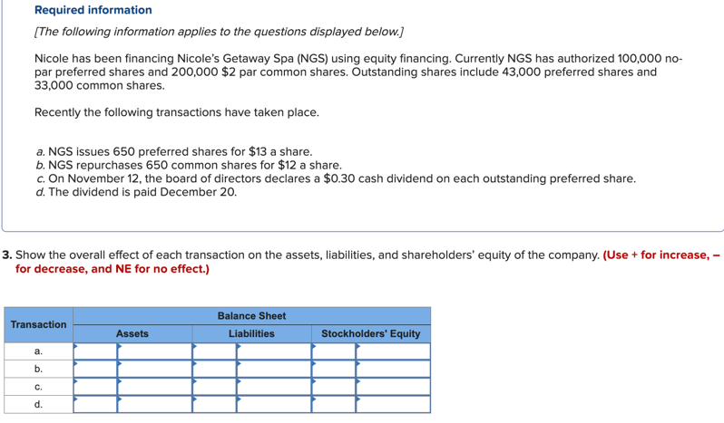 Required information
[The following information applies to the questions displayed below.]
Nicole has been financing Nicole's Getaway Spa (NGS) using equity financing. Currently NGS has authorized 100,000 no-
par preferred shares and 200,000 $2 par common shares. Outstanding shares include 43,000 preferred shares and
33,000 common shares.
Recently the following transactions have taken place.
a. NGS issues 650 preferred shares for $13 a share.
b. NGS repurchases 650 common shares for $12 a share.
c. On November 12, the board of directors declares a $0.30 cash dividend on each outstanding preferred share.
d. The dividend is paid December 20.
3. Show the overall effect of each transaction on the assets, liabilities, and shareholders' equity of the company. (Use + for increase, -
for decrease, and NE for no effect.)
Balance Sheet
Transaction
Assets
Liabilities
Stockholders' Equity
a.
b.
C.
d.