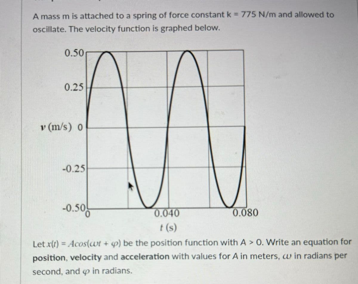 A mass m is attached to a spring of force constant k = 775 N/m and allowed to
oscillate. The velocity function is graphed below.
0.50
0.25
v (m/s) 0
-0.25
-0.50
0.040
t(s)
0.080
Let x(t) = Acos(wt + p) be the position function with A > 0. Write an equation for
position, velocity and acceleration with values for A in meters, win radians per
second, and in radians.