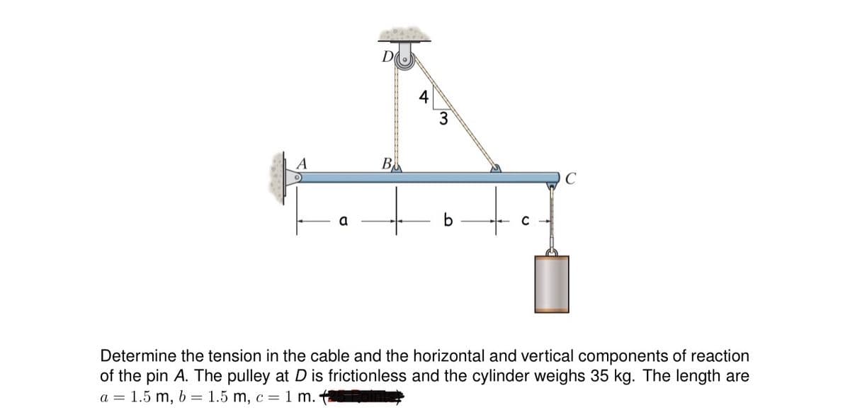 D
B
4
←
3
C
C
Determine the tension in the cable and the horizontal and vertical components of reaction
of the pin A. The pulley at D is frictionless and the cylinder weighs 35 kg. The length are
a = 1.5 m, b = 1.5 m, c = 1 m.