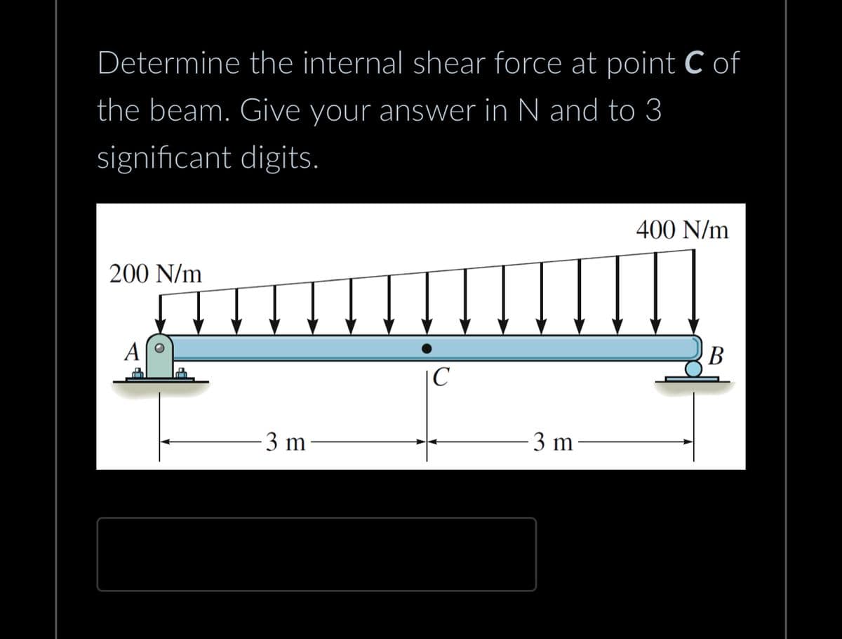 Determine the internal shear force at point C of
the beam. Give your answer in N and to 3
significant digits.
200 N/m
-3 m-
|C
-3 m
400 N/m
B