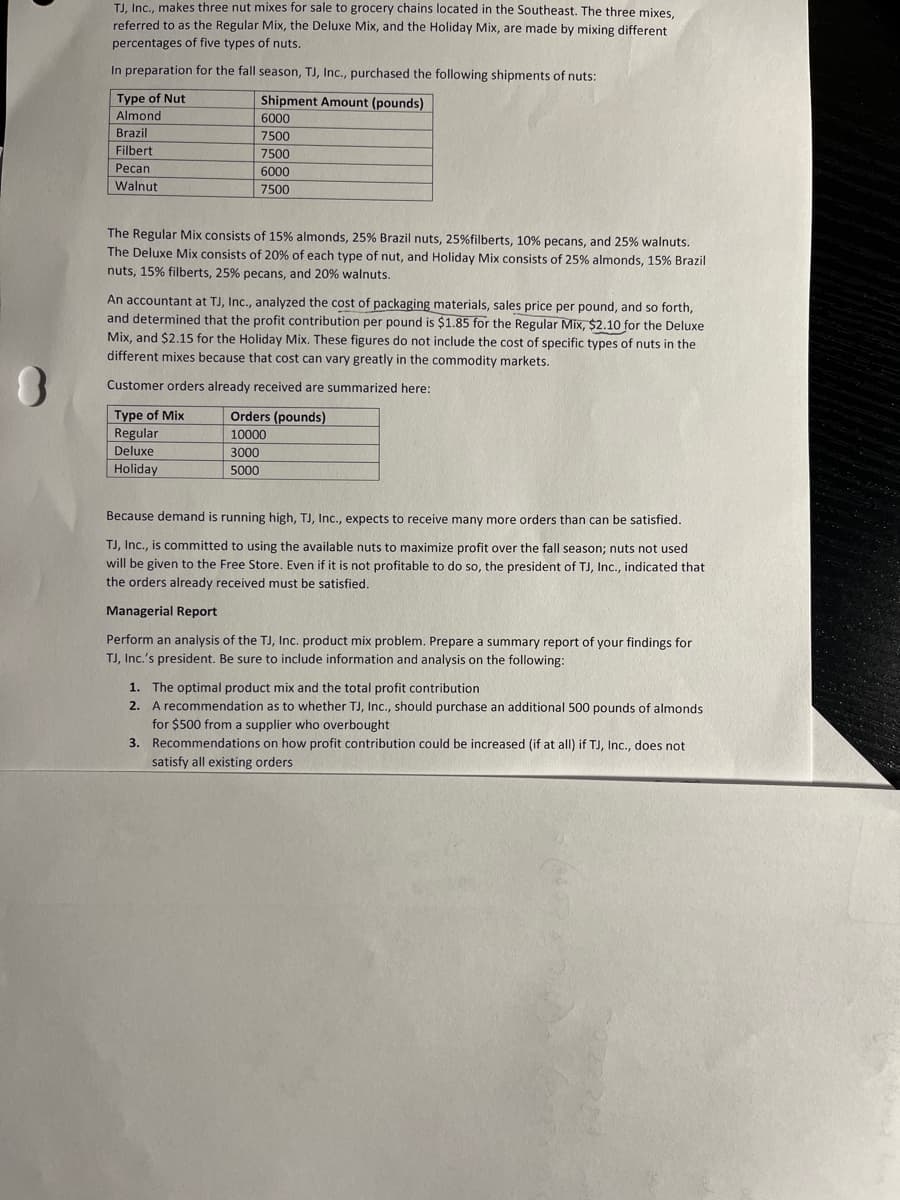 8
TJ, Inc., makes three nut mixes for sale to grocery chains located in the Southeast. The three mixes,
referred to as the Regular Mix, the Deluxe Mix, and the Holiday Mix, are made by mixing different
percentages of five types of nuts.
In preparation for the fall season, TJ, Inc., purchased the following shipments of nuts:
Type of Nut
Almond
Brazil
Filbert
Pecan
Walnut.
The Regular Mix consists of 15% almonds, 25% Brazil nuts, 25% filberts, 10% pecans, and 25% walnuts.
The Deluxe Mix consists of 20% of each type of nut, and Holiday Mix consists of 25% almonds, 15% Brazil
nuts, 15% filberts, 25% pecans, and 20% walnuts.
Shipment Amount (pounds)
6000
7500
7500
6000
7500
An accountant at TJ, Inc., analyzed the cost of packaging materials, sales price per pound, and so forth,
and determined that the profit contribution per pound is $1.85 for the Regular Mix, $2.10 for the Deluxe
Mix, and $2.15 for the Holiday Mix. These figures do not include the cost of specific types of nuts in the
different mixes because that cost can vary greatly in the commodity markets.
Customer orders already received are summarized here:
Type of Mix
Regular
Deluxe
Holiday
Orders (pounds)
10000
3000
5000
Because demand is running high, TJ, Inc., expects to receive many more orders than can be satisfied.
TJ, Inc., is committed to using the available nuts to maximize profit over the fall season; nuts not used
will be given to the Free Store. Even if it is not profitable to do so, the president of TJ, Inc., indicated that
the orders already received must be satisfied.
Managerial Report
Perform an analysis of the TJ, Inc. product mix problem. Prepare a summary report of your findings for
TJ, Inc.'s president. Be sure to include information and analysis on the following:
1. The optimal product mix and the total profit contribution
2. A recommendation as to whether TJ, Inc., should purchase an additional 500 pounds of almonds
for $500 from a supplier who overbought
3.
Recommendations on how profit contribution could be increased (if at all) if TJ, Inc., does not
satisfy all existing orders