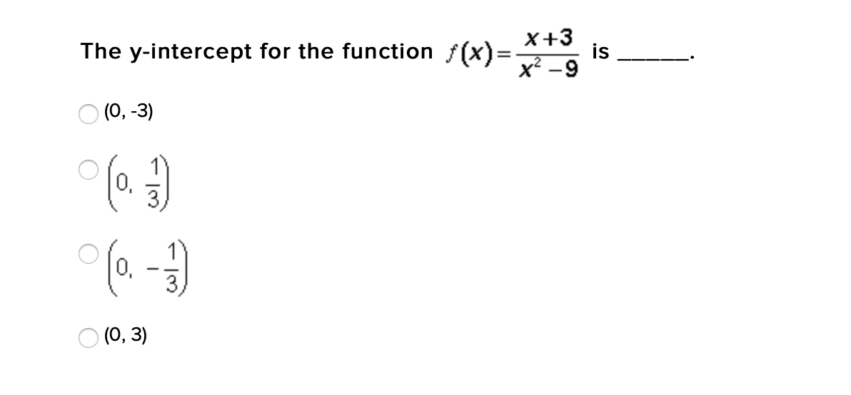 X+3
is
x² -9
The y-intercept for the function f(x)=
O (0, -3)
0,
O (0, 3)
