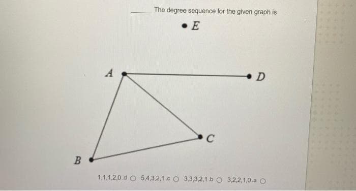 The degree sequence for the given graph is
E
A
C
B
1,1,1,2,0.d O 5,4,3.2,1.c O 3,3,3,2,1.b O 3,2,2,1,0.a O
