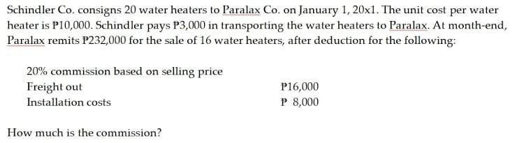 Schindler Co. consigns 20 water heaters to Paralax Co. on January 1, 20x1. The unit cost per water
heater is P10,000. Schindler pays P3,000 in transporting the water heaters to Paralax. At month-end,
Paralax remits P232,000 for the sale of 16 water heaters, after deduction for the following:
20% commission based on selling price
Freight out
P16,000
Installation costs
P 8,000
How much is the commission?
