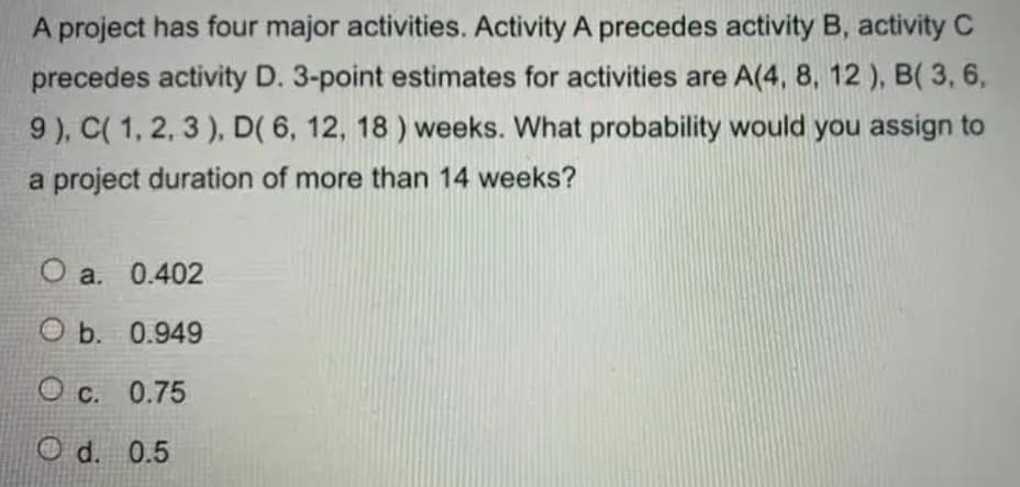 A project has four major activities. Activity A precedes activity B, activity C
precedes activity D. 3-point estimates for activities are A(4, 8, 12 ), B( 3, 6,
9 ), C( 1, 2, 3 ), D( 6, 12, 18 ) weeks. What probability would you assign to
a project duration of more than 14 weeks?
O a. 0.402
O b. 0.949
O c. 0.75
O d. 0.5

