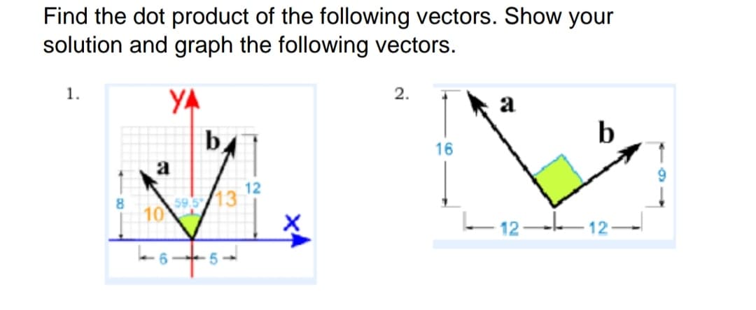 Find the dot product of the following vectors. Show your
solution and graph the following vectors.
1.
YA
2.
a
b,
b
16
a
12
8.
10 /13
- 12
12
6
