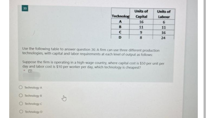 33
77
Units of
Units of
Technolog
Capital
Labour
16
6.
11
11
16
D
8
24
Use the following table to answer question 36: A firm can use three different production
technologies, with capital and labor requirements at each level of output as follows:
Suppose the firm is operating in a high-wage country, where capital cost is $50 per unit per
day and labor cost is $10 per worker per day, which technology is cheapest?
O Technology A
O Technology B
Technology C
O Technology D
