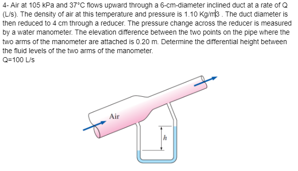 4- Air at 105 kPa and 37°C flows upward through a 6-cm-diameter inclined duct at a rate of Q
(L/s). The density of air at this temperature and pressure is 1.10 Kg/m3. The duct diameter is
then reduced to 4 cm through a reducer. The pressure change across the reducer is measured
by a water manometer. The elevation difference between the two points on the pipe where the
two arms of the manometer are attached is 0.20 m. Determine the differential height between
the fluid levels of the two arms of the manometer.
Q=100 L/s
Air