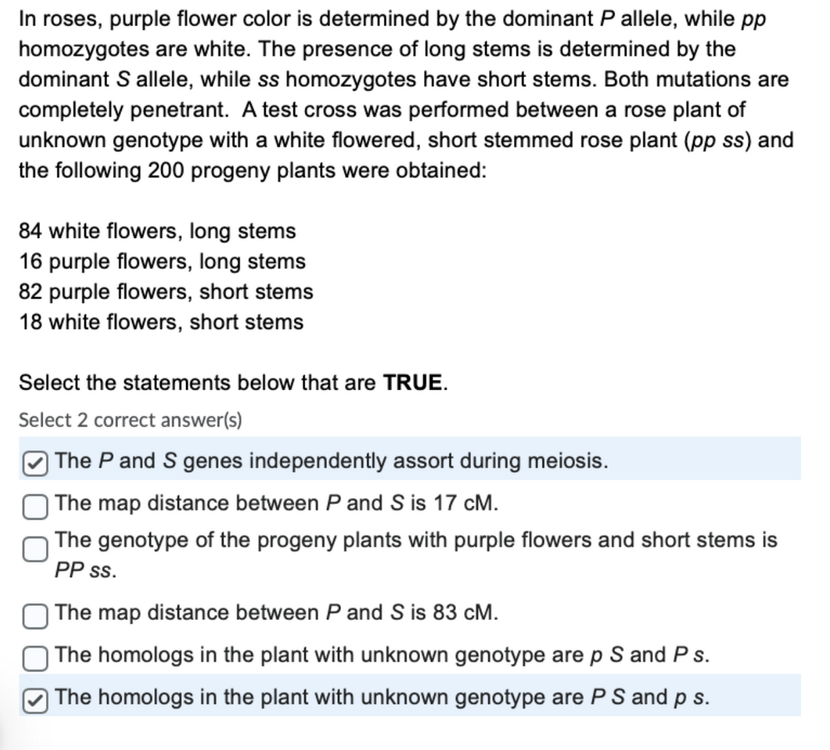 In roses, purple flower color is determined by the dominant P allele, while pp
homozygotes are white. The presence of long stems is determined by the
dominant S allele, while ss homozygotes have short stems. Both mutations are
completely penetrant. A test cross was performed between a rose plant of
unknown genotype with a white flowered, short stemmed rose plant (pp ss) and
the following 200 progeny plants were obtained:
84 white flowers, long stems
16 purple flowers, long stems
82 purple flowers, short stems
18 white flowers, short stems
Select the statements below that are TRUE.
Select 2 correct answer(s)
The P and S genes independently assort during meiosis.
The map distance between P and S is 17 CM.
The genotype of the progeny plants with purple flowers and short stems is
PP ss.
The map distance between P and S is 83 CM.
The homologs in the plant with unknown genotype are p S and Ps.
The homologs in the plant with unknown genotype are PS and p s.