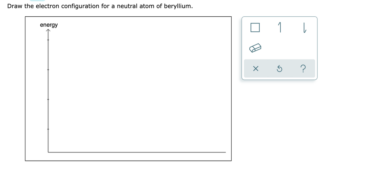 Draw the electron configuration for a neutral atom of beryllium.
1
energy
?
