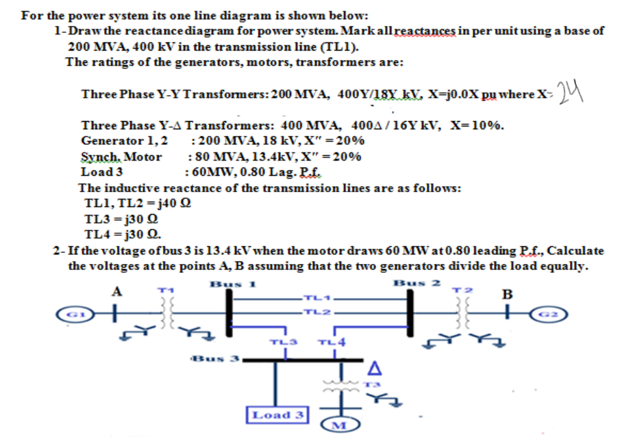 For the power system its one line diagram is shown below:
1-Draw the reactance diagram for power system. Markallreactances in per unit using a base of
200 MVA, 400 kV in the transmission line (TL1).
The ratings of the generators, motors, transformers are:
Three Phase Y-YTransformers: 200 MVA, 400Y/18Y kV, X=j0.0X pu where X-
Three Phase Y-A Transformers: 400 MVA, 400A / 16Y kV, X=10%.
:200 MVA, 18 kV, X" = 20%
: 80 MVA, 13.4kV, X" = 20%
: 60MW, 0.80 Lag. P.f.
Generator 1, 2
Synch. Motor
Load 3
The inductive reactance of the transmission lines are as follows:
TL1, TL2 = j40 Q
TL3 = j30 Q
TL4 = j30 Q.
2-If the voltage ofbus 3 is 13.4 kV when the motor draws 60 MW at 0.80 leading P.f., Calculate
the voltages at the points A, B assuming that the two generators divide the load equally.
Bus 1
Bus 2
A
T2
-TL1.
B
TL2
TL3
TL4
Bus 3
Load 3
