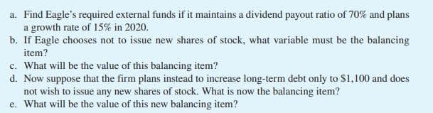 a. Find Eagle's required external funds if it maintains a dividend payout ratio of 70% and plans
a growth rate of 15% in 2020.
b. If Eagle chooses not to issue new shares of stock, what variable must be the balancing
item?
c. What will be the value of this balancing item?
d. Now suppose that the firm plans instead to increase long-term debt only to $1,100 and does
not wish to issue any new shares of stock. What is now the balancing item?
e. What will be the value of this new balancing item?
