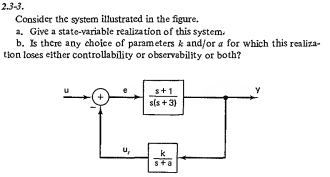2.3-3.
Consider the system illustrated in the figure.
a. Give a state-variable realization of this system.
b. Is there any choice of parameters k and/or a for which this realiza-
tion loses either controllability or observability or both?
s+1
+
s(s+3)
12
u,
k
sta