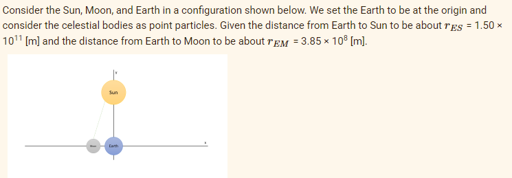 Consider the Sun, Moon, and Earth in a configuration shown below. We set the Earth to be at the origin and
consider the celestial bodies as point particles. Given the distance from Earth to Sun to be about res = 1.50 ×
10¹1 [m] and the distance from Earth to Moon to be about TEM = 3.85 × 108 [m].
Sun