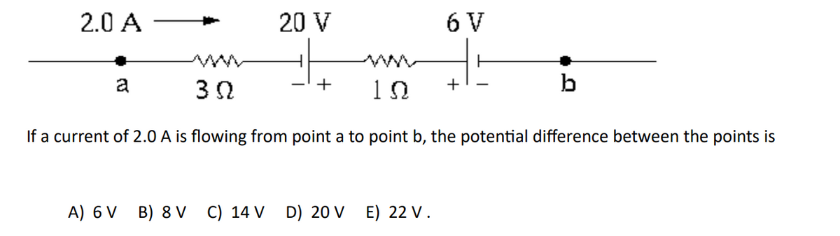 2.0 A
a
20 V
A) 6 V B) 8 V C) 14 V
30
10
If a current of 2.0 A is flowing from point a to point b, the potential difference between the points is
+
D) 20 V
6 V
E) 22 V.
+
b
