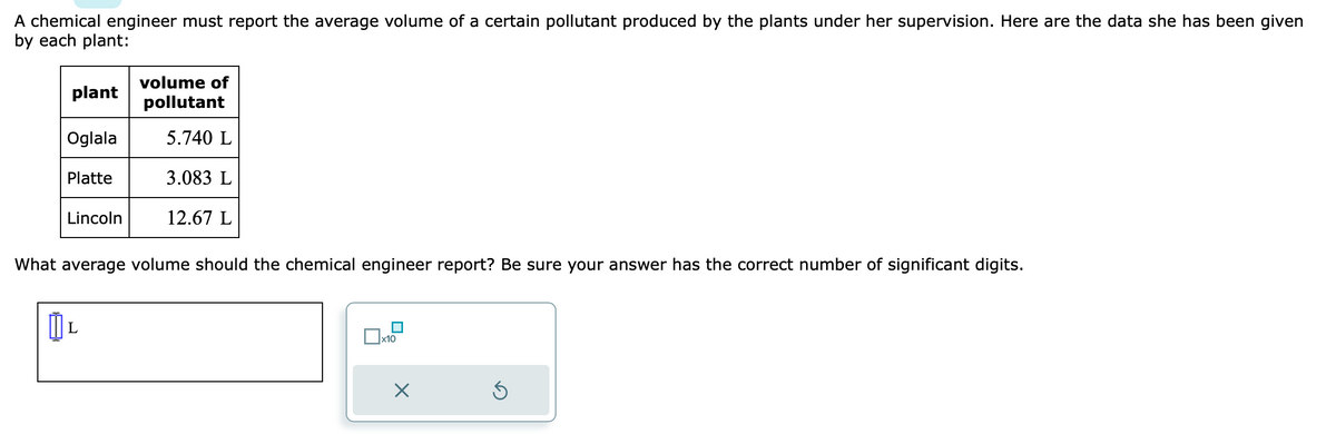 A chemical engineer must report the average volume of a certain pollutant produced by the plants under her supervision. Here are the data she has been given
by each plant:
plant
Oglala
Platte
Lincoln
volume of
pollutant
5.740 L
0₁ L
3.083 L
12.67 L
What average volume should the chemical engineer report? sure your answer has the correct number i significant digits.
x10
×
Ś
