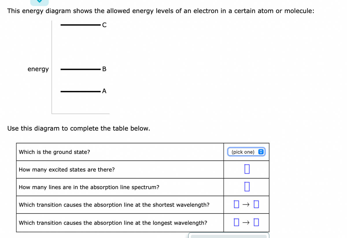 This energy diagram shows the allowed energy levels of an electron in a certain atom or molecule:
C
energy
A
Use this diagram to complete the table below.
Which is the ground state?
How many excited states are there?
How many lines are in the absorption line spectrum?
Which transition causes the absorption line at the shortest wavelength?
Which transition causes the absorption line at the longest wavelength?
(pick one)
0
0
0-0
0-0