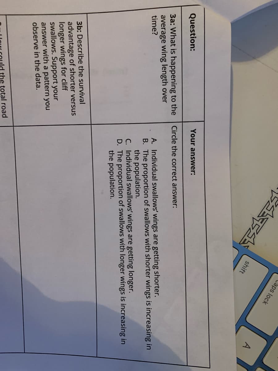 Question:
3a: What is happening to the
average wing length over
time?
3b: Describe the survival
advantage of shorter versus
longer wings for cliff
swallows. Support your
answer with a pattern you
observe in the data.
the total road
Your answer:
1551
Circle the correct answer:
shift
Caps lock
A
A. Individual swallows' wings are getting shorter.
B. The proportion of swallows with shorter wings is increasing in
the population.
C. Individual swallows' wings are getting longer.
D. The proportion of swallows with longer wings is increasing in
the population.