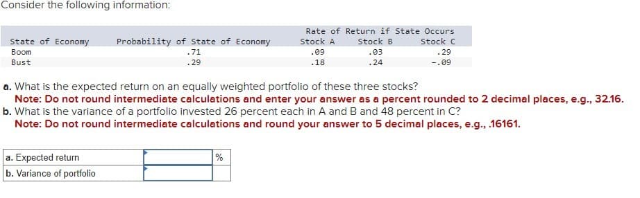 Consider the following information:
State of Economy
Boom
Bust
Probability of State of Economy
.71
.29
Stock A
.09
.18
Rate of Return if State Occurs
Stock C
.29
Stock B
.03
.24
-.09
a. What is the expected return on an equally weighted portfolio of these three stocks?
Note: Do not round intermediate calculations and enter your answer as a percent rounded to 2 decimal places, e.g., 32.16.
b. What is the variance of a portfolio invested 26 percent each in A and B and 48 percent in C?
Note: Do not round intermediate calculations and round your answer to 5 decimal places, e.g., .16161.
a. Expected return
b. Variance of portfolio
%