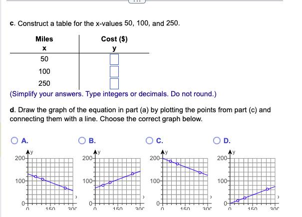 c. Construct a table for the x-values 50, 100, and 250.
Cost ($)
y
Miles
X
50
100
250
(Simplify your answers. Type integers or decimals. Do not round.)
d. Draw the graph of the equation in part (a) by plotting the points from part (c) and
connecting them with a line. Choose the correct graph below.
O A.
200-
100-
04
n
y
150
ՉՈՐ
B.
200-
100-
0-
y
n
150
ՉՈՐ
C.
200-
100-
0-
y
n
150
ՉՈՐ
O D.
Aу
200-
100-
15.0
ՉՈՐ