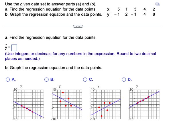 Use the given data set to answer parts (a) and (b).
a. Find the regression equation for the data points.
X
5
b. Graph the regression equation and the data points. y -1
10
-10
y
B.
10
-10-
C.
a. Find the regression equation for the data points.
ŷ-0
(Use integers or decimals for any numbers in the expression. Round to two decimal
places as needed.)
b. Graph the regression equation and the data points.
O A.
10
T
-10-
1
2 -1
3
327
D.
-10
4
y
4
28
0