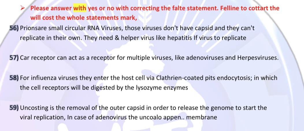 Please answer with yes or no with correcting the falte statement. Felline to cottart the
will cost the whole statements mark,
56) Prionsare small circular RNA Viruses, those viruses don't have capsid and they can't
replicate in their own. They need & helper virus like hepatitis If virus to replicate
57) Car receptor can act as a receptor for multiple viruses, like adenoviruses and Herpesviruses.
58) For infiuenza viruses they enter the host cell via Clathrien-coated pits endocytosis; in which
the cell receptors will be digested by the lysozyme enzymes
59) Uncosting is the removal of the outer capsid in order to release the genome to start the
viral replication, In case of adenovirus the uncoalo appen.. membrane
