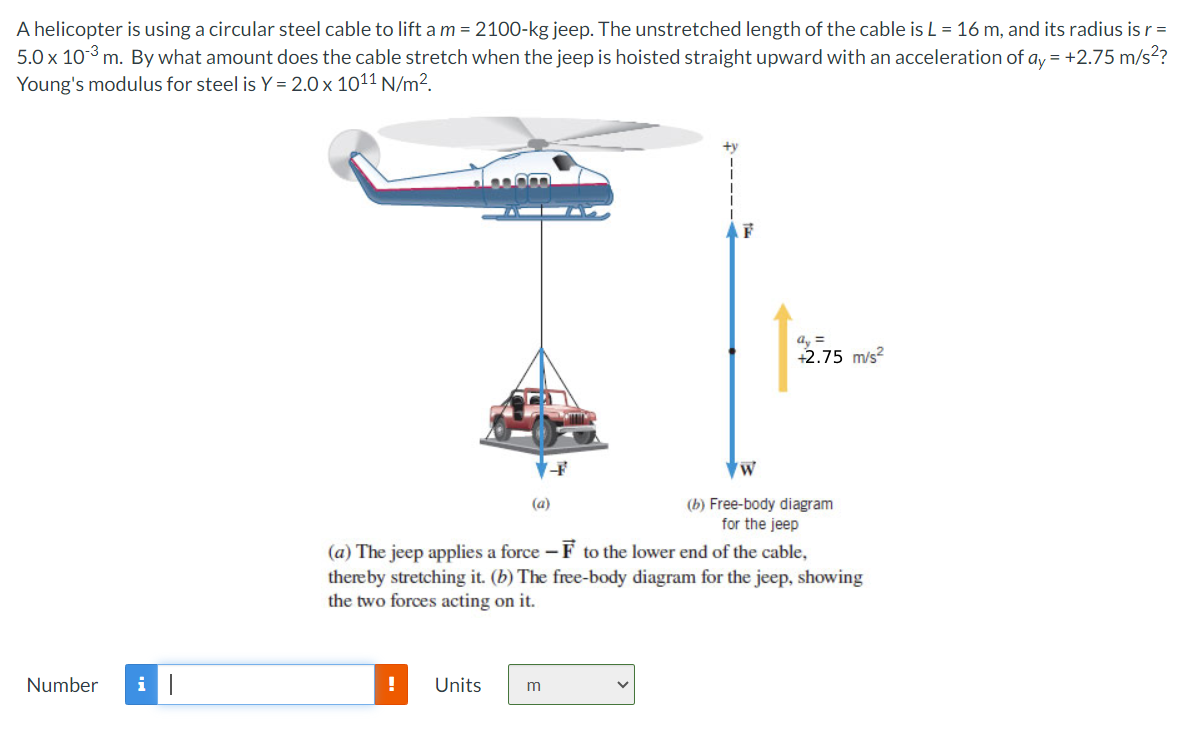 A helicopter is using a circular steel cable to lift a m = 2100-kg jeep. The unstretched length of the cable is L = 16 m, and its radius is r =
5.0 x 103 m. By what amount does the cable stretch when the jeep is hoisted straight upward with an acceleration of ay = +2.75 m/s²?
Young's modulus for steel is Y = 2.0 x 1011 N/m².
Number
(a)
a =
+2.75 m/s²
(b) Free-body diagram
for the jeep
(a) The jeep applies a force - F to the lower end of the cable,
thereby stretching it. (b) The free-body diagram for the jeep, showing
the two forces acting on it.
!
Units
m