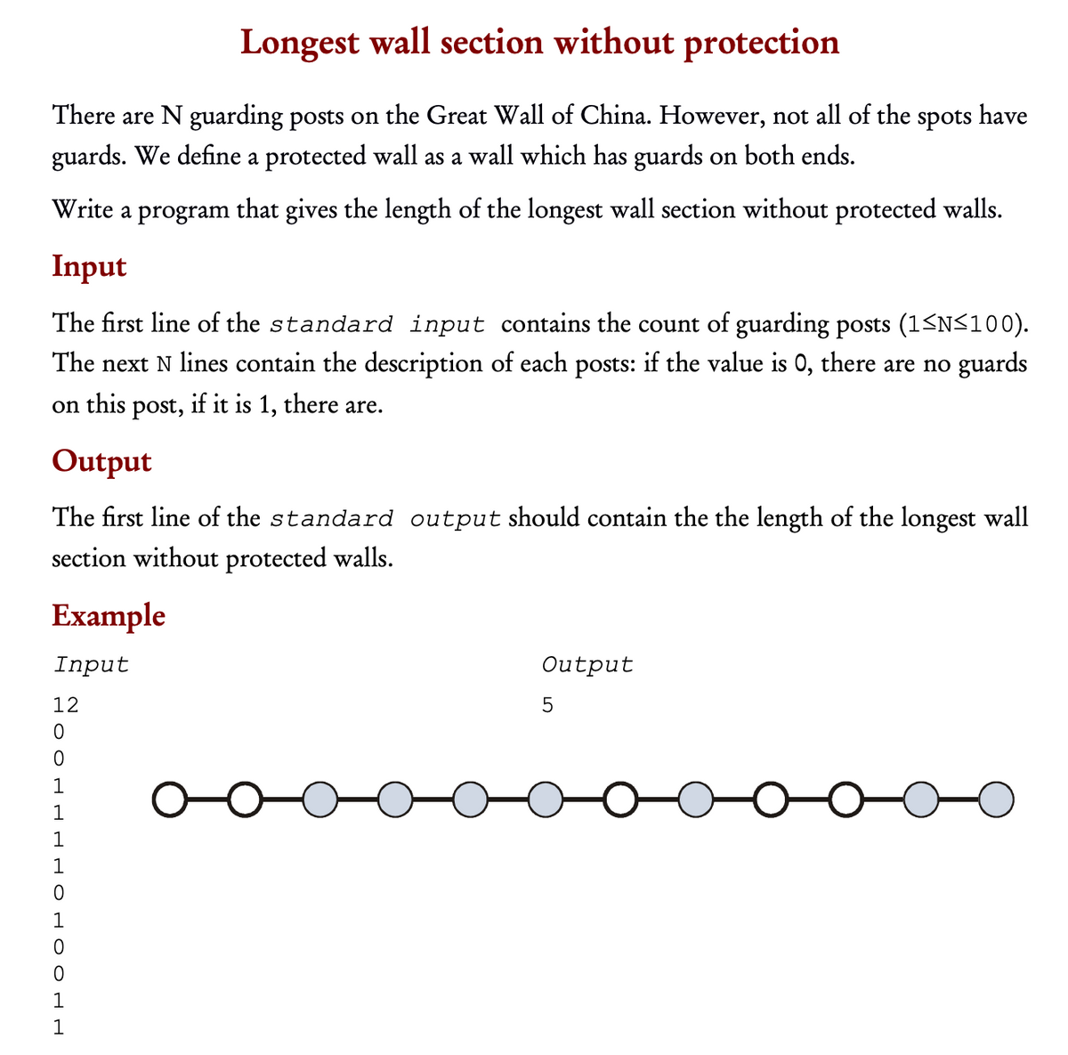 Longest wall section without protection
There are N guarding posts on the Great Wall of China. However, not all of the spots have
guards. We define a protected wall as a wall which has guards on both ends.
Write a program that gives the length of the longest wall section without protected walls.
Input
The first line of the standard input contains the count of guarding posts (1≤N≤100).
The next N lines contain the description of each posts: if the value is 0, there are no guards
on this post, if it is 1, there are.
Output
The first line of the standard output should contain the the length of the longest wall
section without protected walls.
Example
Input
12
0
1
1
1
1
0
HOOHH
1
1
1
Output
5