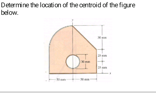 Determine the location of the centroid of the figure
below.
50 mm
30 mm
50 mm
50 mm
25 mm
25 mm
X