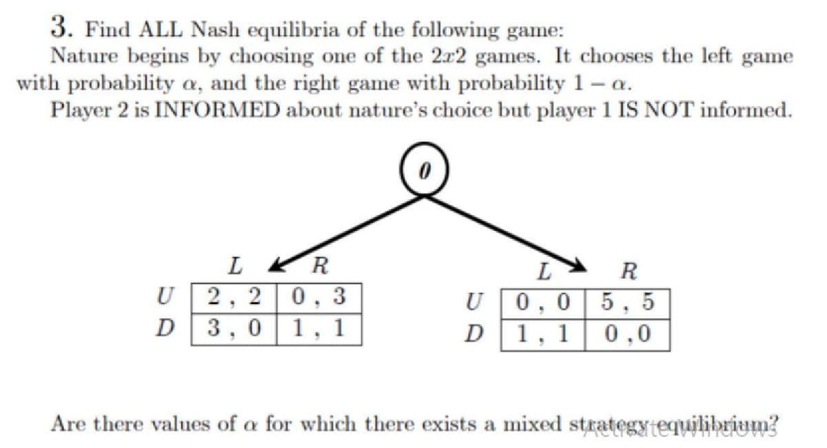 3. Find ALL Nash equilibria of the following game:
Nature begins by choosing one of the 2x2 games. It chooses the left game
with probability a, and the right game with probability 1- a.
Player 2 is INFORMED about nature's choice but player 1 IS NOT informed.
L KR
R
0,0| 5,
0,0
U
2, 2
0,
3
U
D
3,
1,
1
D
1
Are there values of a for which there exists a mixed strategytequilibrium?
