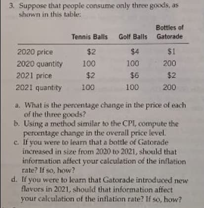 3. Suppose that people consume only three goods, as
shown in this table:
Bottles of
Tennis Balls Golf Balls Gatorade
2020 price
2020 quantity
$2
$4
$1
100
100
200
2021 price
$2
$6
$2
2021 quantity
100
100
200
a. What is the percentage change in the price of each
of the three goods?
b. Using a method similar to the CPI, compute the
percentage change in the overall price level.
c. If you were to learn that a bottle of Gatorade
increased in size from 2020 to 2021, should that
information affect your calculation of the inflation
rate? If so, how?
d. If you were to learn that Gatorade introduced new
flavors in 2021, should that information affect
your calculation of the inflation rate? If so, how?
