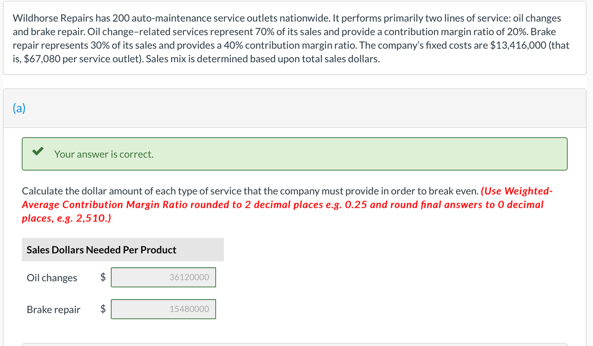 Wildhorse Repairs has 200 auto-maintenance service outlets nationwide. It performs primarily two lines of service: oil changes
and brake repair. Oil change-related services represent 70% of its sales and provide a contribution margin ratio of 20%. Brake
repair represents 30% of its sales and provides a 40% contribution margin ratio. The company's fixed costs are $13,416,000 (that
is, $67,080 per service outlet). Sales mix is determined based upon total sales dollars.
(a)
Your answer is correct.
Calculate the dollar amount of each type of service that the company must provide in order to break even. (Use Weighted-
Average Contribution Margin Ratio rounded to 2 decimal places e.g. 0.25 and round final answers to 0 decimal
places, e.g. 2,510.)
Sales Dollars Needed Per Product
Oil changes
Brake repair $
36120000
15480000