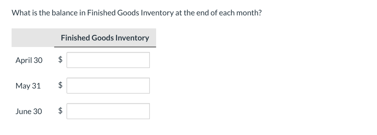 What is the balance in Finished Goods Inventory at the end of each month?
April 30
Finished Goods Inventory
May 31 $
June 30
LA