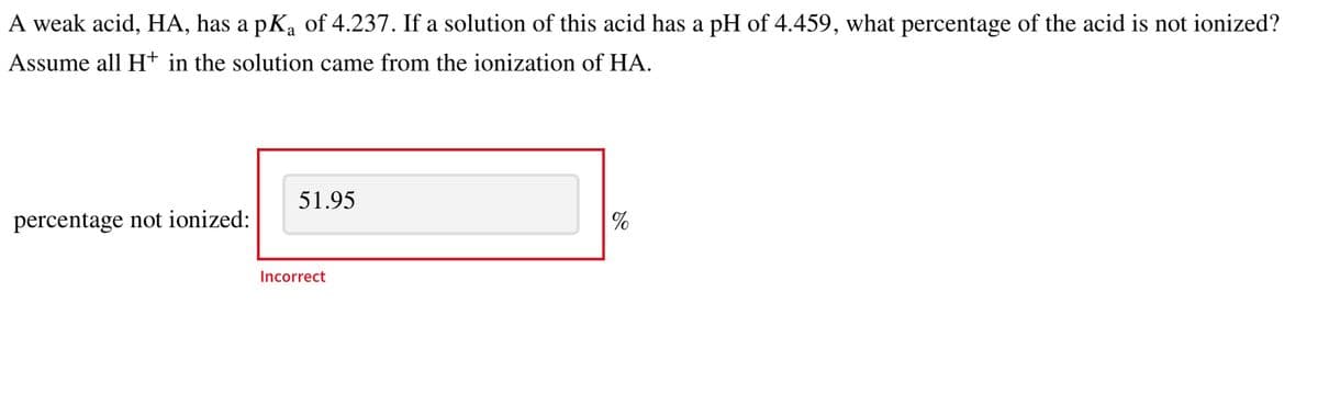A weak acid, HA, has a pK₁ of 4.237. If a solution of this acid has a pH of 4.459, what percentage of the acid is not ionized?
Assume all H+ in the solution came from the ionization of HA.
percentage not ionized:
51.95
Incorrect
%