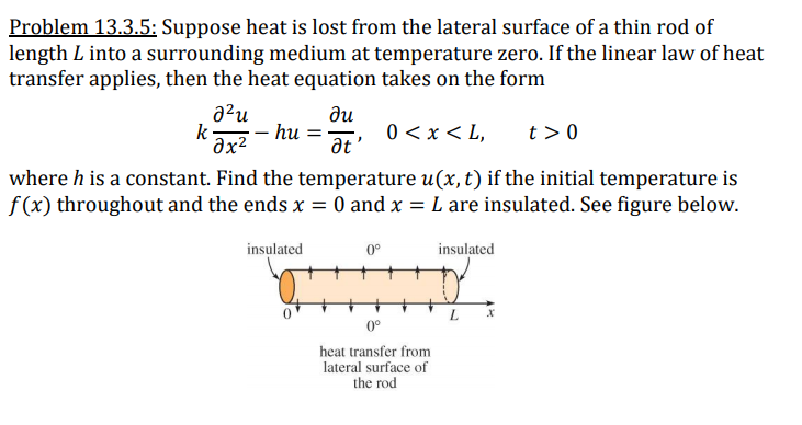 Problem 13.3.5: Suppose heat is lost from the lateral surface of a thin rod of
length L into a surrounding medium at temperature zero. If the linear law of heat
transfer applies, then the heat equation takes on the form
azu
ди
k
hu
0 <x < L,
t >0
´əx²
at'
where h is a constant. Find the temperature u(x, t) if the initial temperature is
f (x) throughout and the ends x = 0 and x = L are insulated. See figure below.
insulated
0°
insulated
0°
heat transfer from
lateral surface of
the rod
