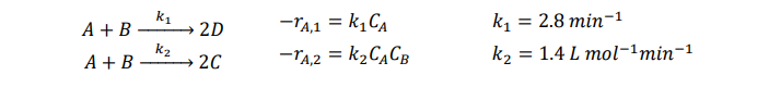 A + B
A+B
K₁
K₂
2D
2C
-TA,1 = k₁CA
-TA,2 = K₂ CACB
k₁ 2.8 min-1
=
k₂ 1.4 L mol-¹min-¹
=