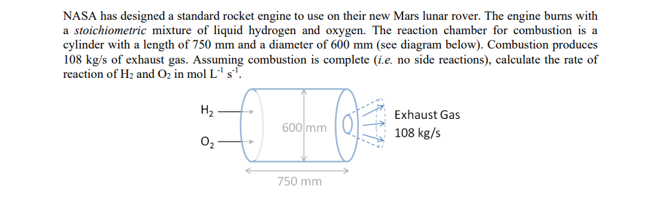 NASA has designed a standard rocket engine to use on their new Mars lunar rover. The engine burns with
a stoichiometric mixture of liquid hydrogen and oxygen. The reaction chamber for combustion is a
cylinder with a length of 750 mm and a diameter of 600 mm (see diagram below). Combustion produces
108 kg/s of exhaust gas. Assuming combustion is complete (i.e. no side reactions), calculate the rate of
reaction of H₂ and O₂ in mol L¹s¹.
H₂
0₂
600 mm
750 mm
Exhaust Gas
108 kg/s