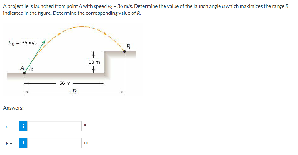 A projectile is launched from point A with speed vo = 36 m/s. Determine the value of the launch angle a which maximizes the range R
indicated in the figure. Determine the corresponding value of R.
Vo = 36 m/s
Answers:
α =
A/α
R=
i
i
56 m
-R
m
10 m
B