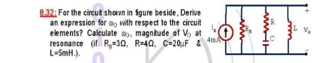 8.32: For the circuit shown in figure beside, Derive
an expression for wo with respect to the circuit
elements? Calculate mo, magnitude of Vo at
resonance (if R=30, R=40, C=20uF &
L=5mH.).
4mA

