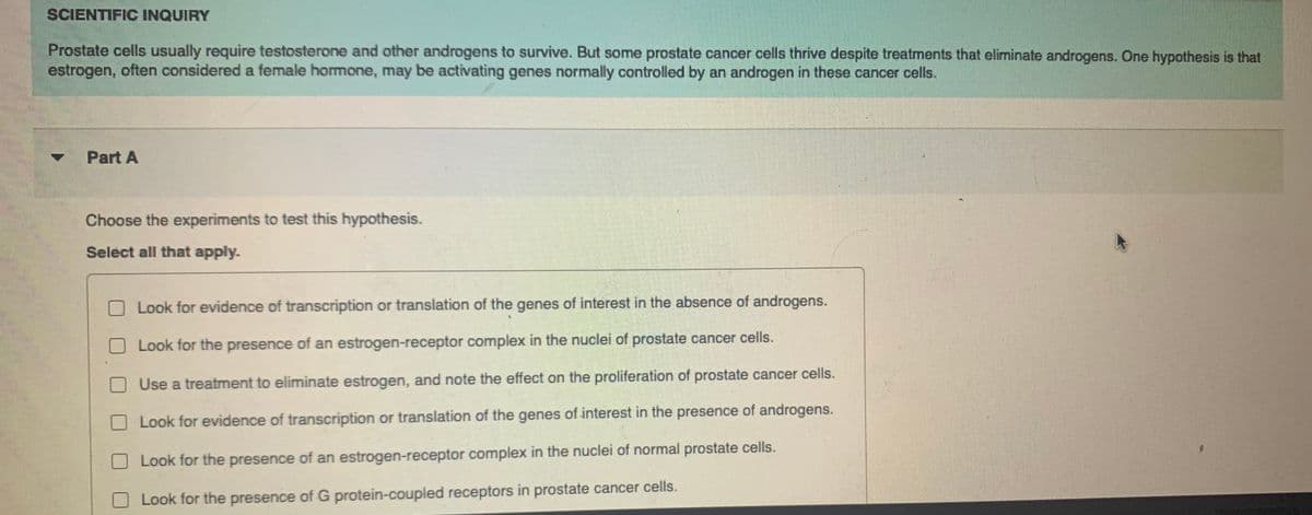 SCIENTIFIC INQUIRY
Prostate cells usually require testosterone and other androgens to survive. But some prostate cancer cells thrive despite treatments that eliminate androgens. One hypothesis is that
estrogen, often considered a female hormone, may be activating genes normally controlled by an androgen in these cancer cells.
Part A
Choose the experiments to test this hypothesis.
Select all that apply.
Look for evidence of transcription or translation of the genes of interest in the absence of androgens.
Look for the presence of an estrogen-receptor complex in the nuclei of prostate cancer cells.
Use a treatment to eliminate estrogen, and note the effect on the proliferation of prostate cancer cells.
Look for evidence of transcription or translation of the genes of interest in the presence of androgens.
Look for the presence of an estrogen-receptor complex in the nuclei of normal prostate cells.
Look for the presence of G protein-coupled receptors in prostate cancer cells.
