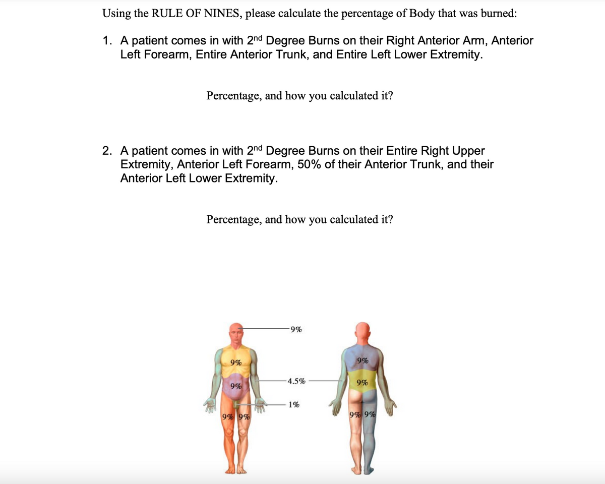 Using the RULE OF NINES, please calculate the percentage of Body that was burned:
1. A patient comes in with 2nd Degree Burns on their Right Anterior Arm, Anterior
Left Forearm, Entire Anterior Trunk, and Entire Left Lower Extremity.
Percentage, and how you calculated it?
2. A patient comes in with 2nd Degree Burns on their Entire Right Upper
Extremity, Anterior Left Forearm, 50% of their Anterior Trunk, and their
Anterior Left Lower Extremity.
Percentage, and how you calculated it?
9%
9%
9% 9%
-9%
-4.5%
1%
9%
9%
9% 9%